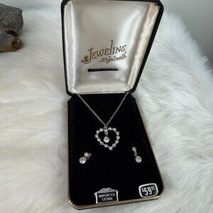 Vintage Royal Gems Rhinestone Heart Pendant Necklace & Earrings NIB